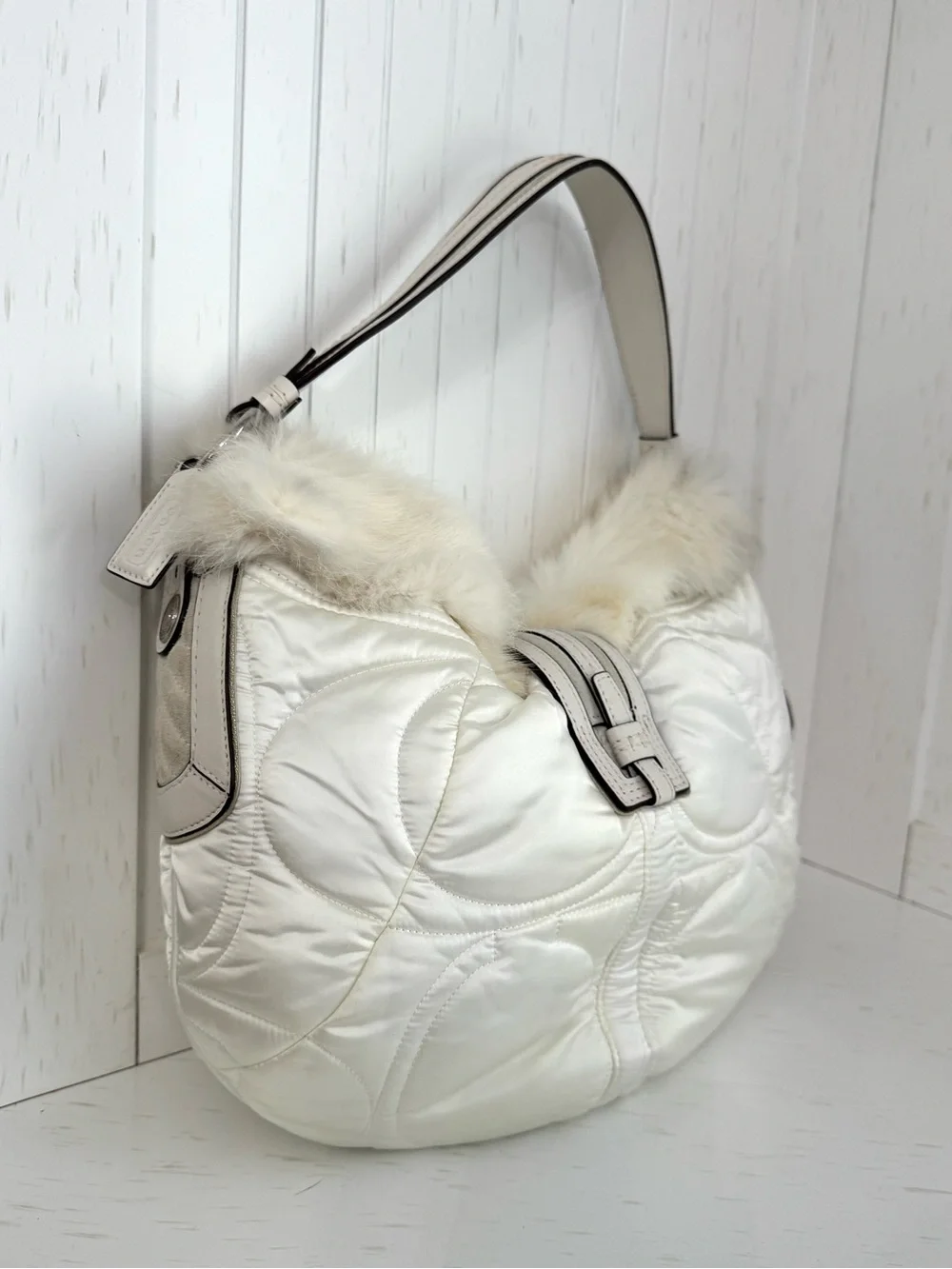 NWT, Y2K, Coach, Vintage, SoHo Ski, Cream Satin, Fur-Trim, Shoulder Bag
